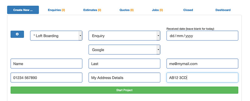 New enquiry with custom project type