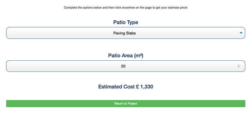 Patio pricing tool producing price