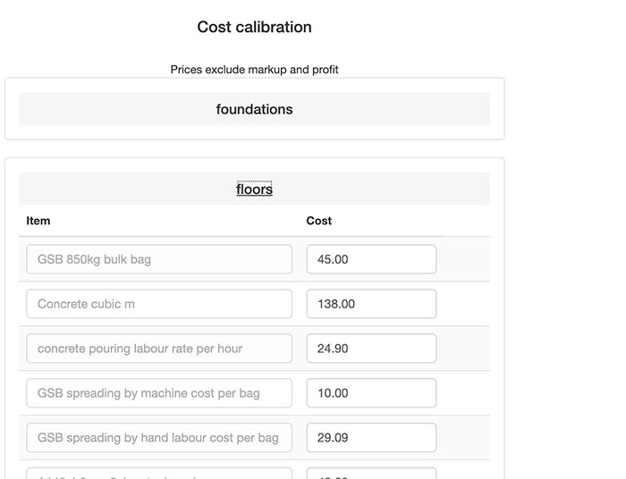 Cost calibration section in project pricing section