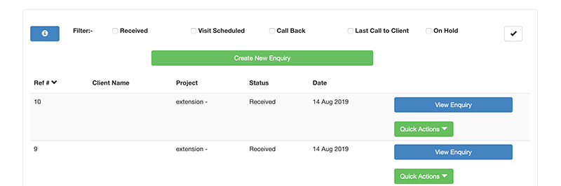 Click on the view enquiries tab